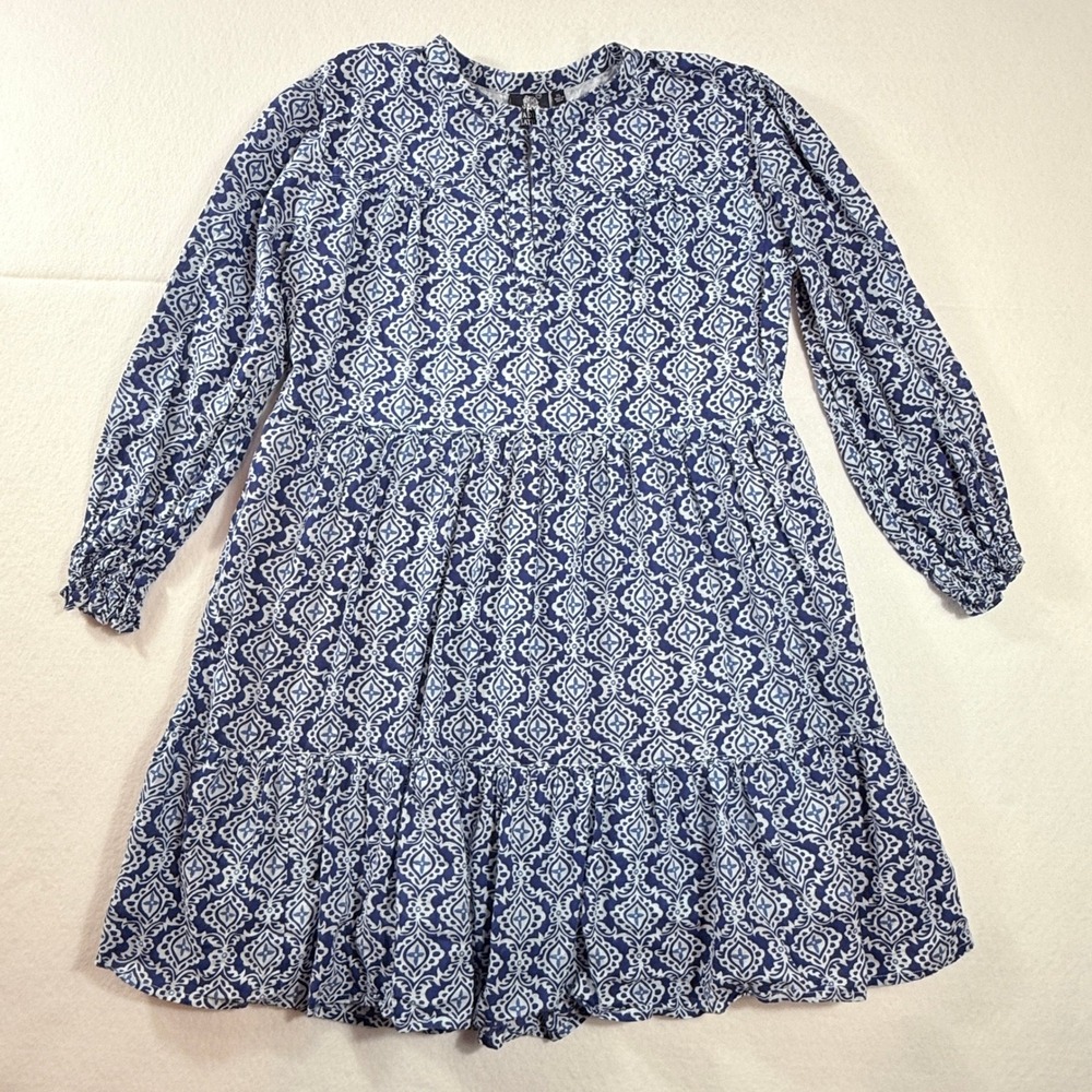 Madison Mathews Dress Women XL Blue Medallion Tiered Boho Coastal Preppy Peasant